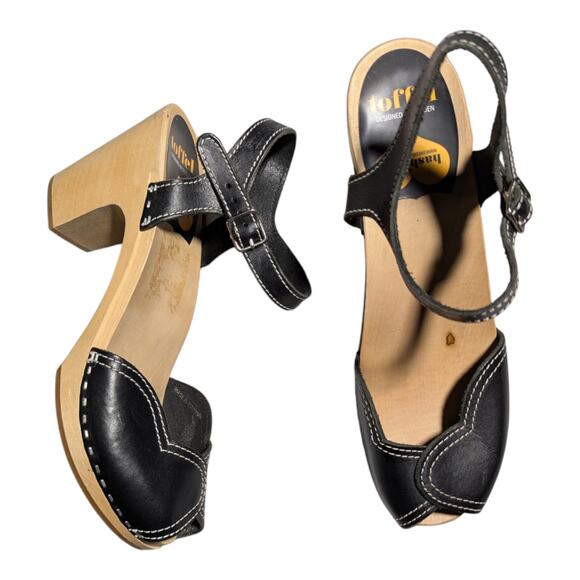 Swedish Hasbeens Black Leather Heart High Wooden Heel Clog Sandals EU 41 US 11 - Picture 1 of 7